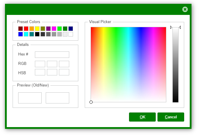 Customized ColorDialog with green theme applied to header and buttons